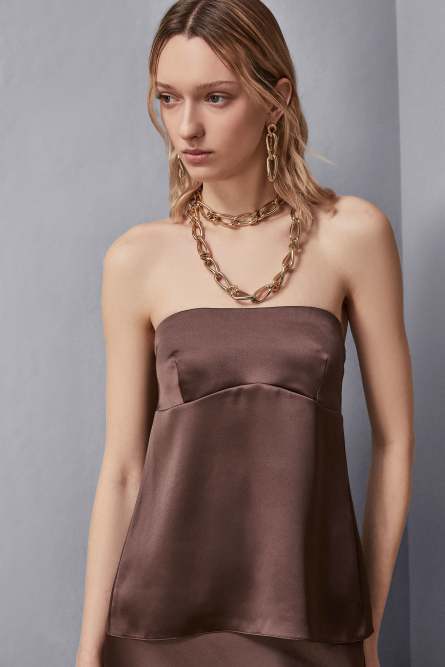 Satin fitted bandeau top, Brown, Patrizia Pepe