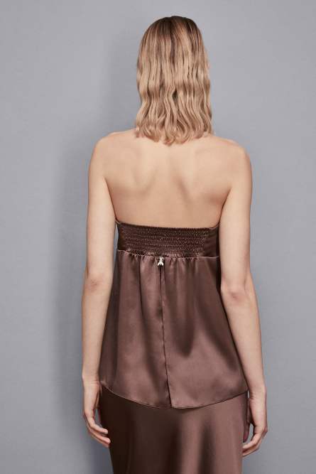Satin fitted bandeau top, Brown, Patrizia Pepe