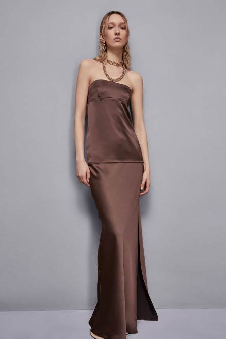 Satin fitted bandeau top, Brown, Patrizia Pepe
