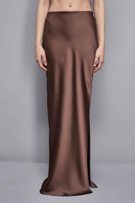 Long satin skirt with slit, Brown, Patrizia Pepe