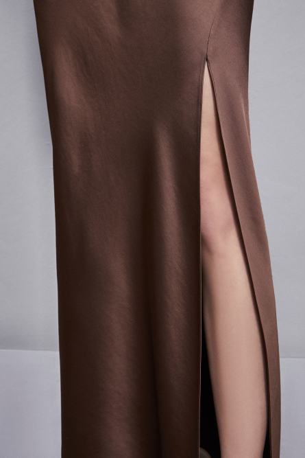 Long satin skirt with slit, Brown, Patrizia Pepe