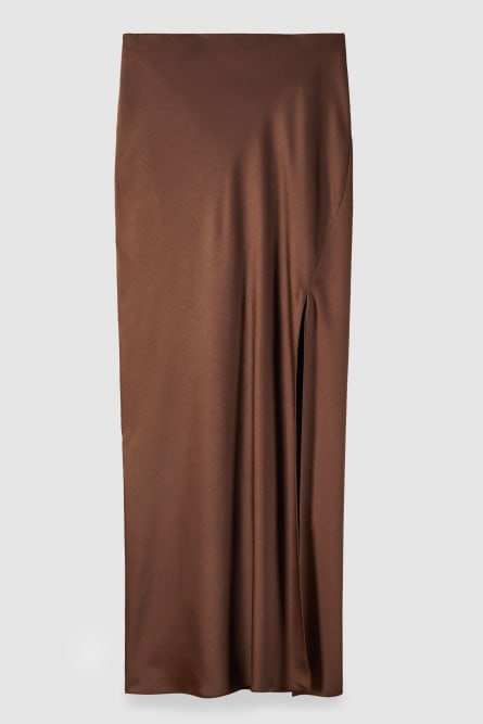 Long satin skirt with slit, Brown, Patrizia Pepe