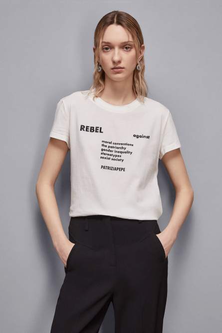 T-Shirt mit Slogan aus Mix-Gewebe, Weiß, Patrizia Pepe