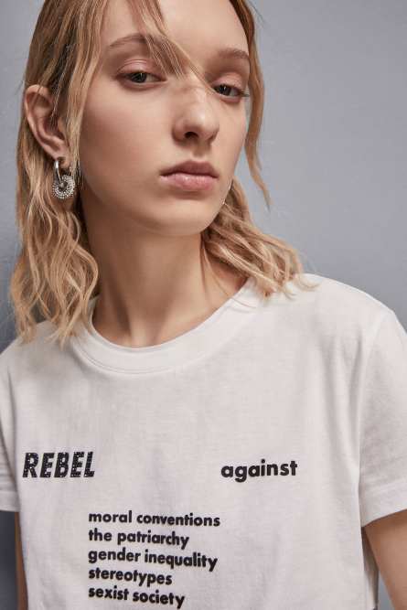T-Shirt mit Slogan aus Mix-Gewebe, Weiß, Patrizia Pepe