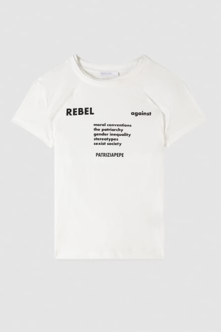 T-Shirt mit Slogan aus Mix-Gewebe, Weiß, Patrizia Pepe