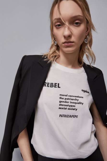 T-Shirt mit Slogan aus Mix-Gewebe, Weiß, Patrizia Pepe