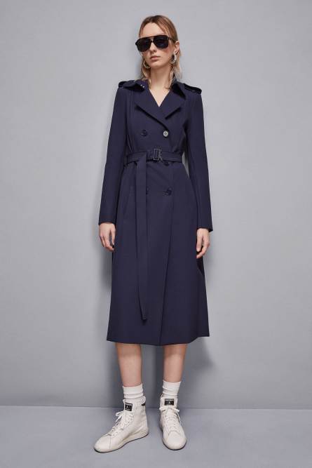 Trench coat with buckle made of bielastic nylon, Blue, Patrizia Pepe