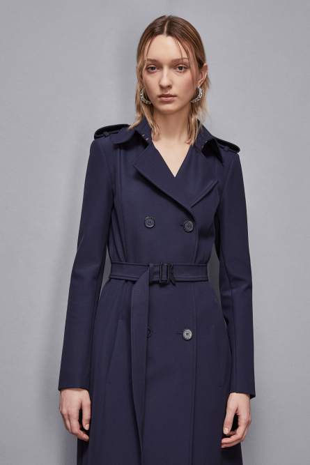 Trench coat with buckle made of bielastic nylon, Blue, Patrizia Pepe