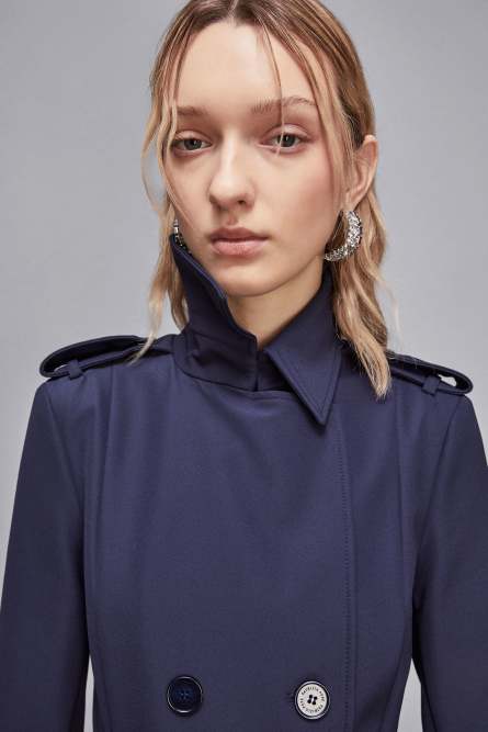 Trench coat with buckle made of bielastic nylon, Blue, Patrizia Pepe