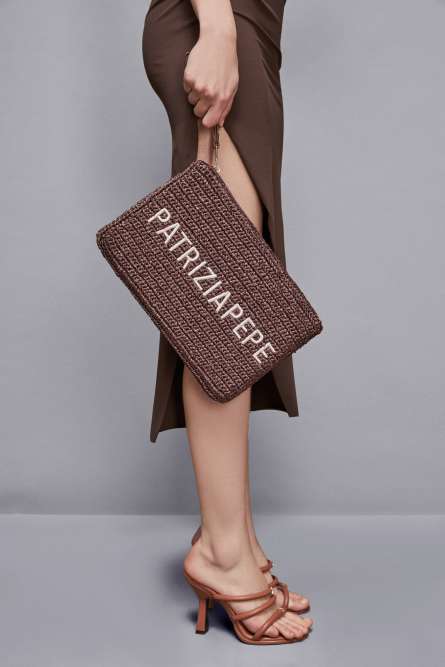 Geflochtene Clutch Bag mit Stickerei, Braun, Patrizia Pepe