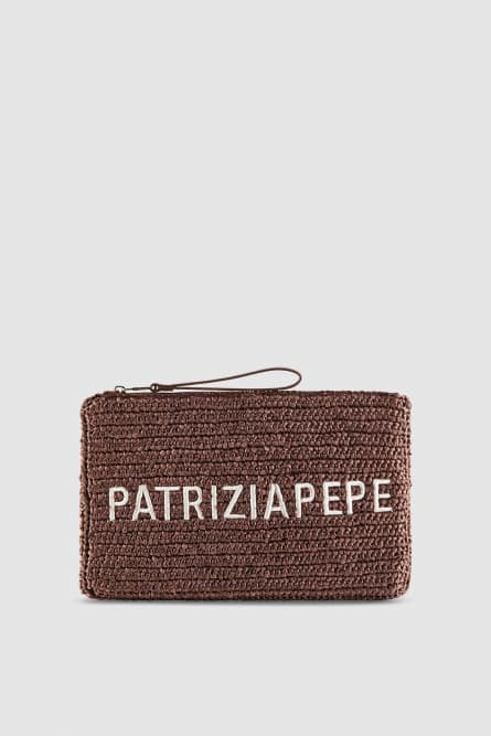 Geflochtene Clutch Bag mit Stickerei, Braun, Patrizia Pepe