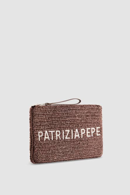 Geflochtene Clutch Bag mit Stickerei, Braun, Patrizia Pepe