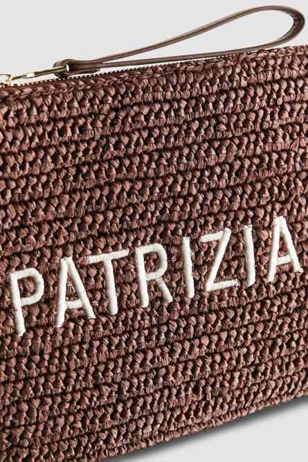 Geflochtene Clutch Bag mit Stickerei, Braun, Patrizia Pepe