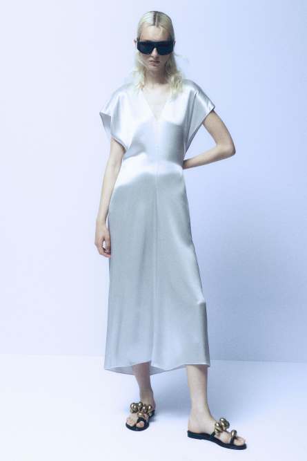 Robe en satin à col en V, Blanc, Patrizia Pepe