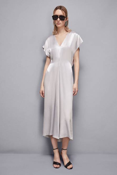 Robe en satin à col en V, Blanc, Patrizia Pepe