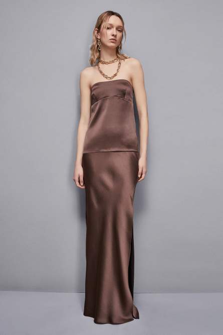 Long satin skirt with slit, Brown, Patrizia Pepe