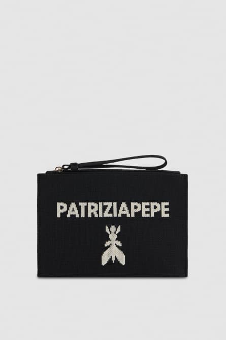 Small fabric clutch bag with zipper, Black, Patrizia Pepe