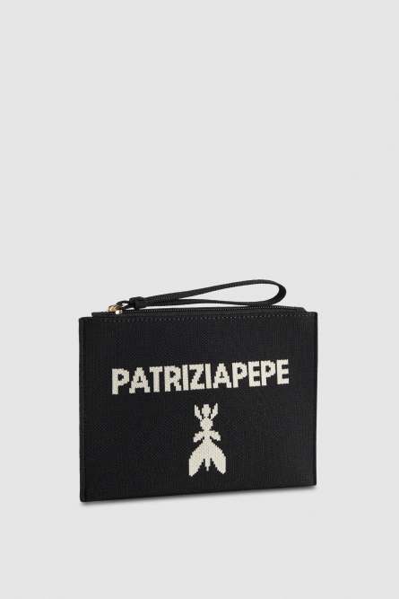 Small fabric clutch bag with zipper, Black, Patrizia Pepe