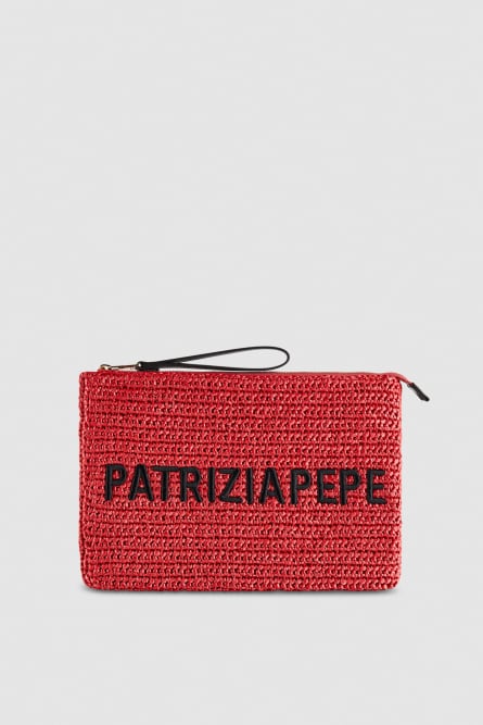 Woven clutch bag with embroidery, Red, Patrizia Pepe