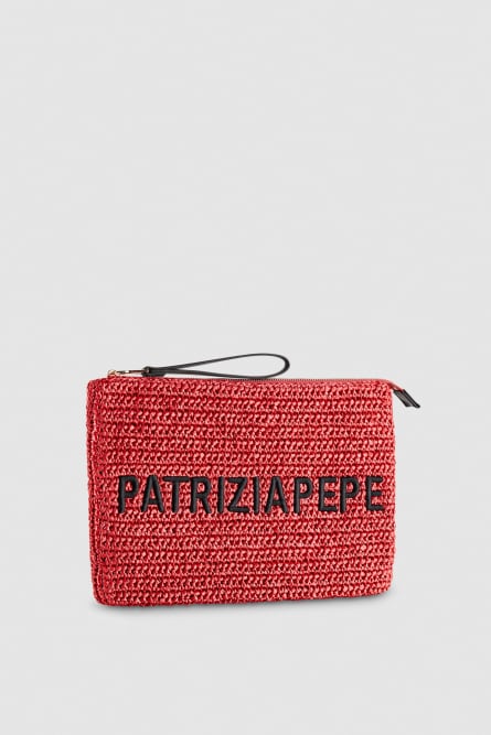 Woven clutch bag with embroidery, Red, Patrizia Pepe