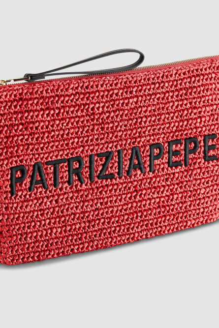 Woven clutch bag with embroidery, Red, Patrizia Pepe