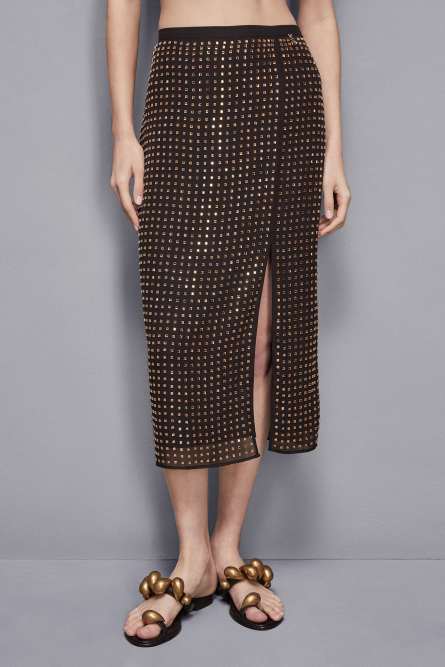 Falda midi con pedrería, Negro