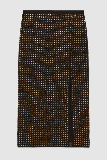 Falda midi con pedrería, Negro