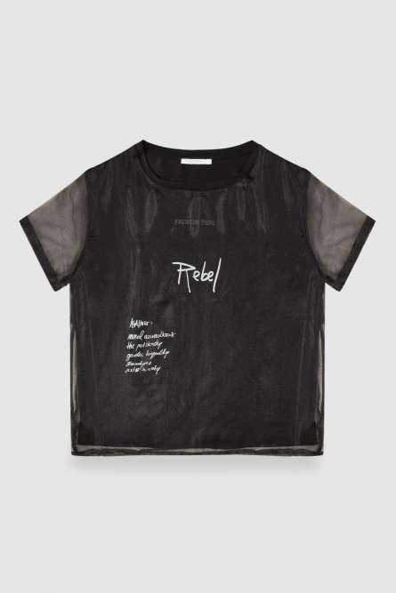 T-shirt with slogan in mixed fabric, Black, Patrizia Pepe