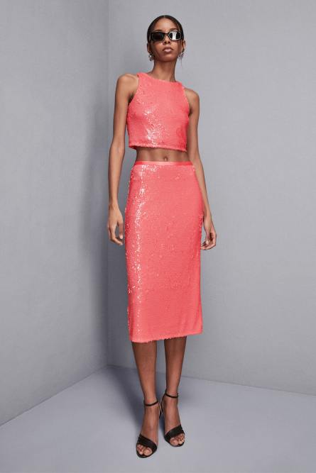 Falda midi con lentejuelas, Rosa