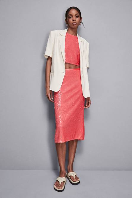 Falda midi con lentejuelas, Rosa