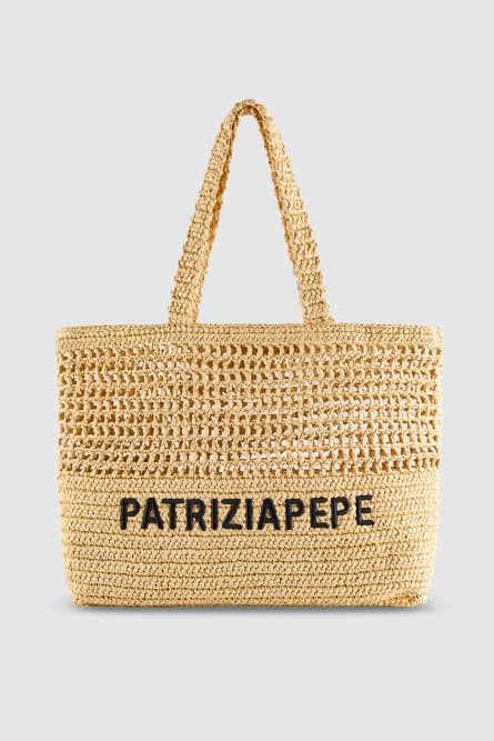 Woven shopping bag with embroidery, Beige, Patrizia Pepe
