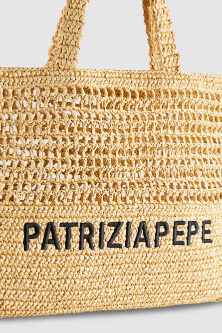 Woven shopping bag with embroidery, Beige, Patrizia Pepe