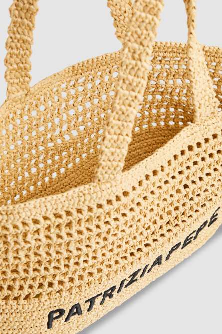 Woven shopping bag with embroidery, Beige, Patrizia Pepe