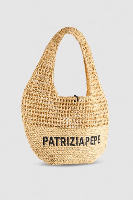 Woven hobo bag with embroidery, Beige, Patrizia Pepe