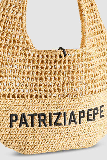 Woven hobo bag with embroidery, Beige, Patrizia Pepe