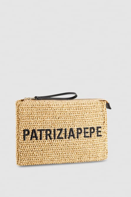 Woven clutch bag with embroidery, Beige, Patrizia Pepe