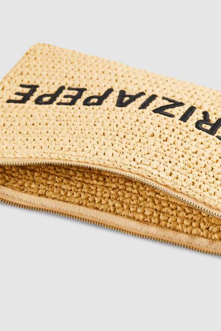 Woven clutch bag with embroidery, Beige, Patrizia Pepe
