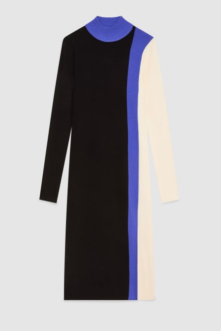 Midi dress in knit with color block, Black, White, Blue, Patrizia Pepe