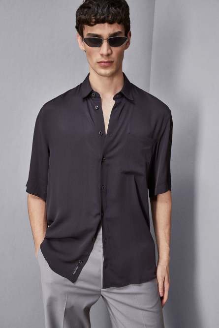 Short sleeve shirt in viscose twill, Blue, Patrizia Pepe