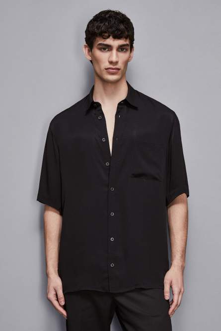 Short sleeve shirt in viscose twill, Black, Patrizia Pepe