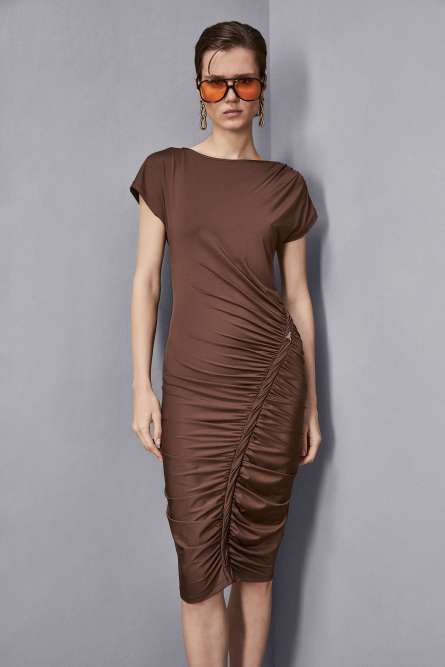 Midi dress with ruffling, Brown, Patrizia Pepe