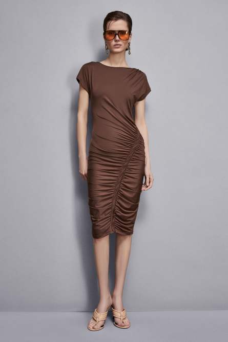 Midi dress with ruffling, Brown, Patrizia Pepe