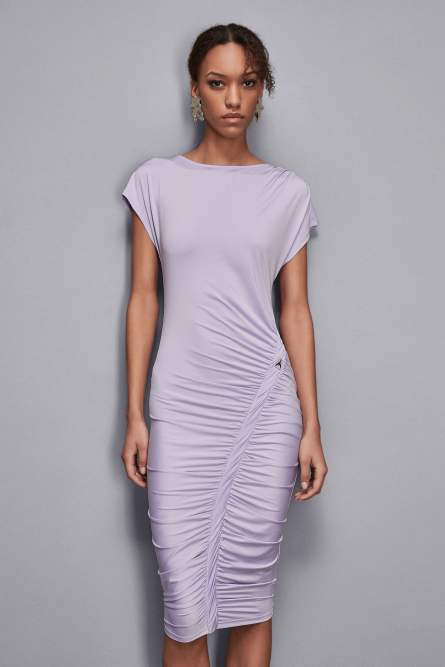 Vestido midi con fruncido, Violeta