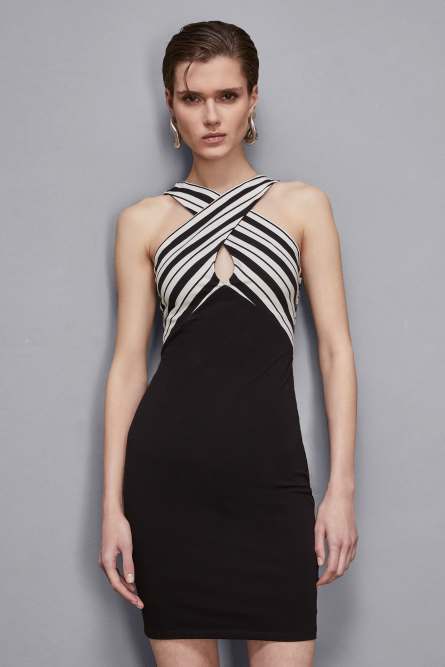 Mini-robe à col croisé, Noir, Blanc, Patrizia Pepe