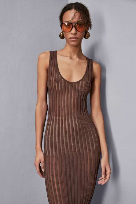 Long Rib-Knit Dress, Brown, Patrizia Pepe