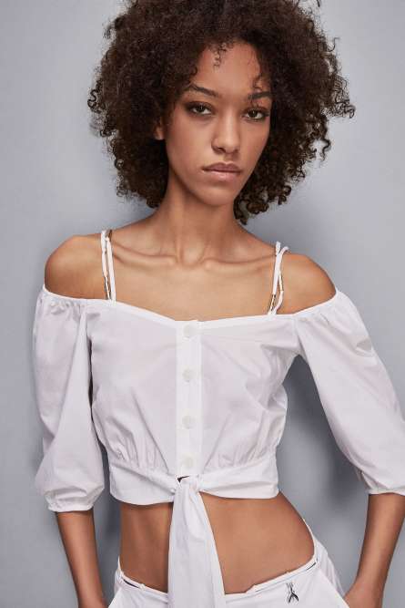 Cotton blend shirt with knot, White, Patrizia Pepe