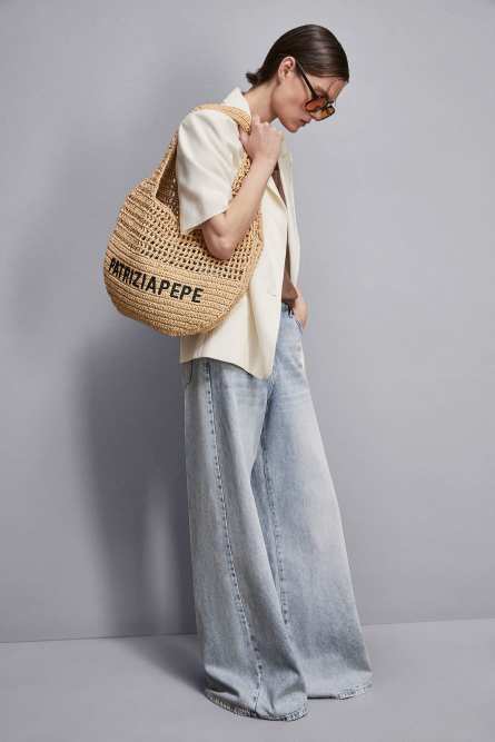 Woven hobo bag with embroidery, Beige, Patrizia Pepe