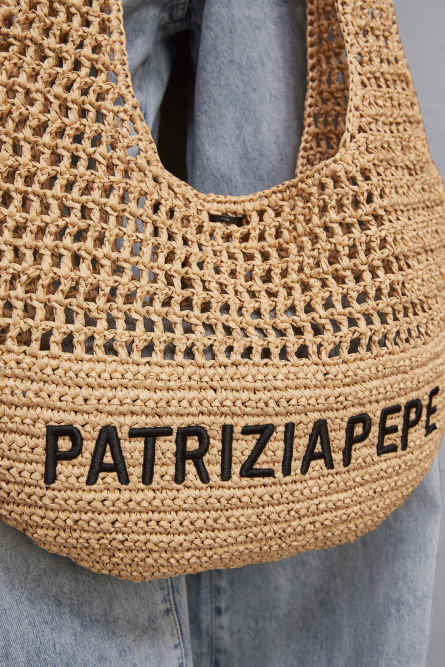 Woven hobo bag with embroidery, Beige, Patrizia Pepe