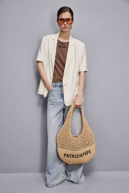 Woven hobo bag with embroidery, Beige, Patrizia Pepe