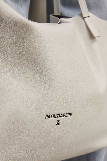 Hammered leather shopping bag, White, Patrizia Pepe